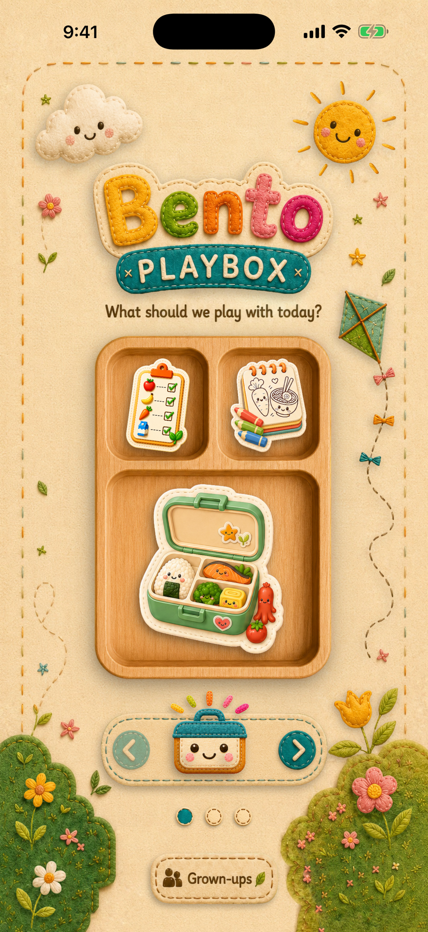Bento Playbox home screen showing a wooden bento tray with four toy compartments